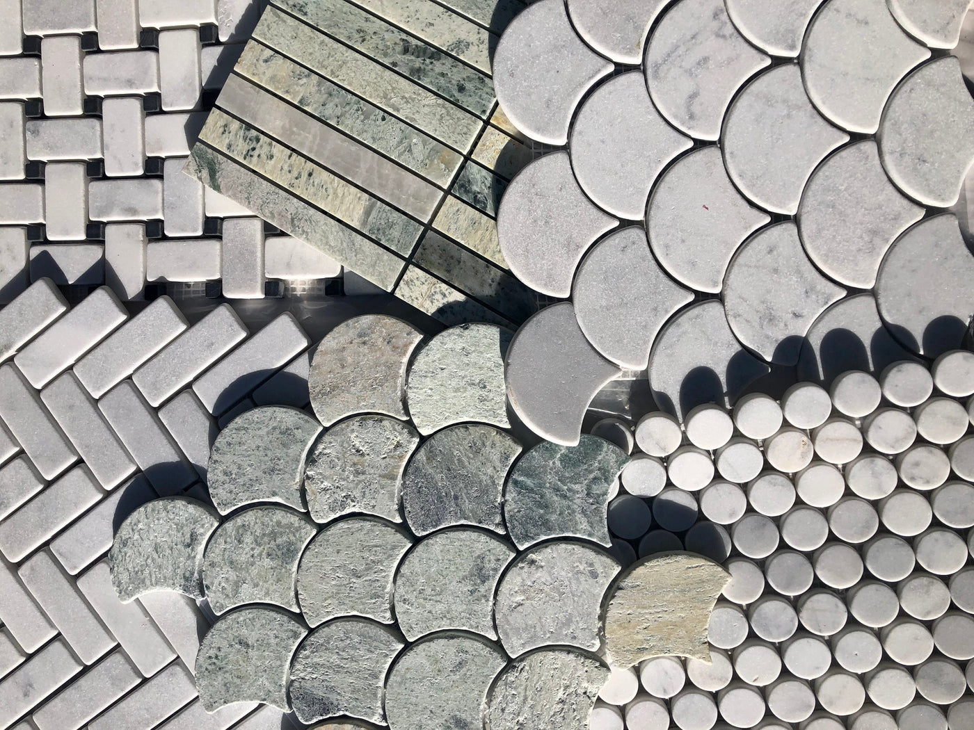 Carrara and Ming Green Tumbled Marble Tiles and Mosaics